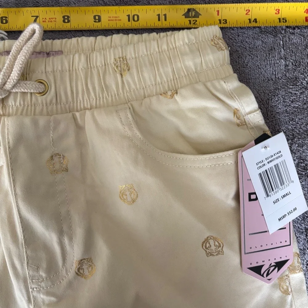 NEW Drill Clothing Co Shorts Sz S Cream Gold Tiger Crown‎ Metallic Detail